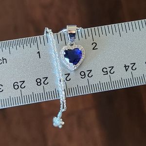 Sterling Silver 925 Necklace Blue Sapphire & White Topaz Heart Pendant 💎💙